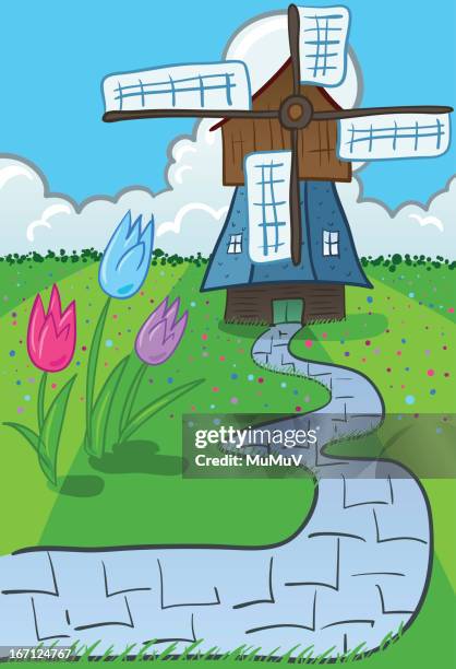 ilustraciones, imágenes clip art, dibujos animados e iconos de stock de molino de viento & tulipanes - pasadera