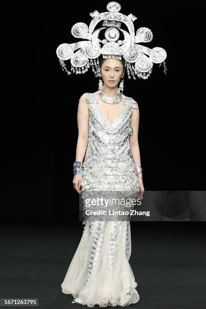 Model walks the runway at Guaxin collection show by designer Chunlin Yang during the China Fashion Week S/S 2024 at 751D·PARK on September 10, 2023...