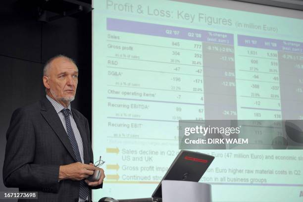 Belgian company Agfa Gevaert's President and CEO Jo Cornu looks on during a news conference on the half-year results of the analog and digital...