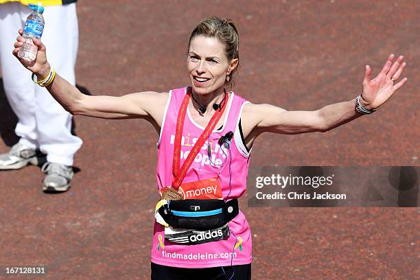 Kate McCann poses after crossing the finish line during the Virgin London Marathon 2013 on April 21, 2013 in London, England.