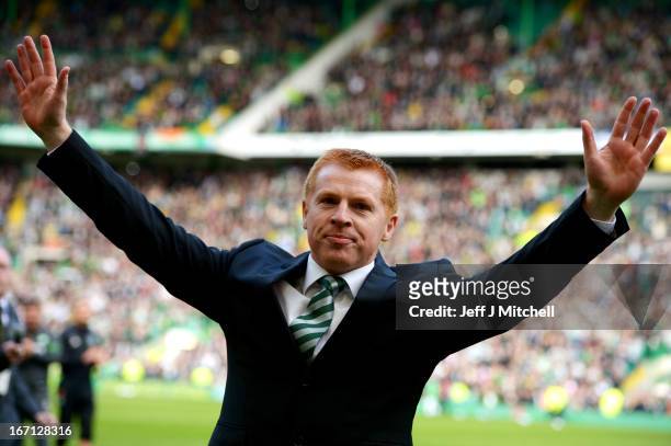 Manager Neil Lennon of Celtic celebrates victory and winning the Championship after the Clydesdale Bank Scottish Premier League match between Celtic...