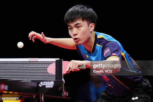 Lin Yun-ju of Chinese Taipei competes in the Men's Singles Semi-final match against Ma Long of China on day 8 of 2023 Pyeongchang Asian Table Tennis...