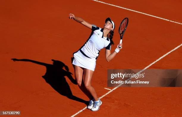 Laura Robson of Great Britain serves to Paula Ormaechea of Argentina during day two of the Fed Cup World Group Two Play-Offs between Argentina and...