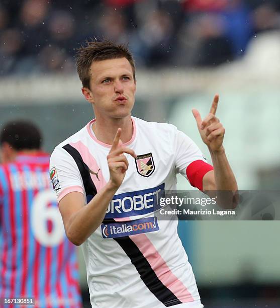 Josip Ilicic of Palermo celebrates his team's equalizing goal during the Serie A match between Calcio Catania and US Citta di Palermo at Stadio...