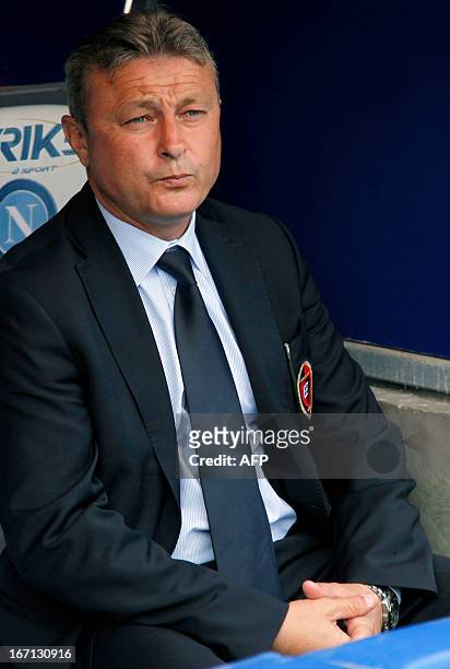 Cagliari's coach Ivo Pulga looks on before an Italian Serie A football match SSC Napoli vs Cagliari at the San Paolo Stadium in Naples on April 21,...