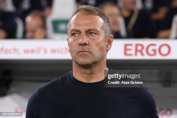 Head coach Hans-Dieter Flick of Germany reacts during the international friendly match between Germany and Japan at Volkswagen Arena on September 09,...