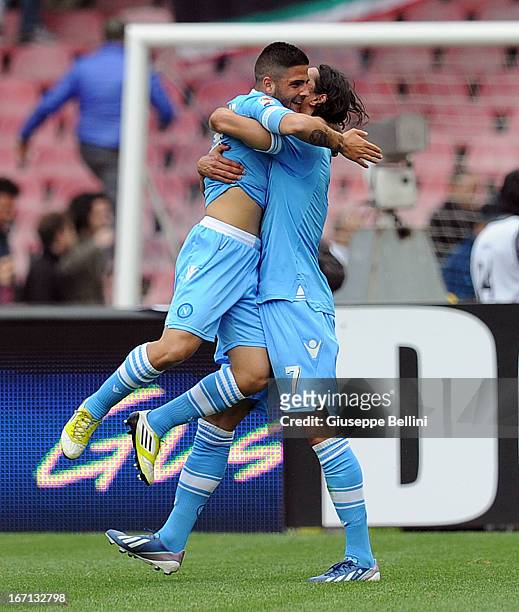 Lorenzo Insigne of Napoli celebrates after scoring goal 3-2 during the Serie A match between SSC Napoli and Cagliari Calcio at Stadio San Paolo on...