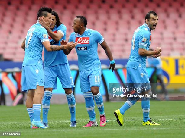 Marek Hamsik of Napoli celebrates with teammates after scoring goal 1-1 during the Serie A match between SSC Napoli and Cagliari Calcio at Stadio San...