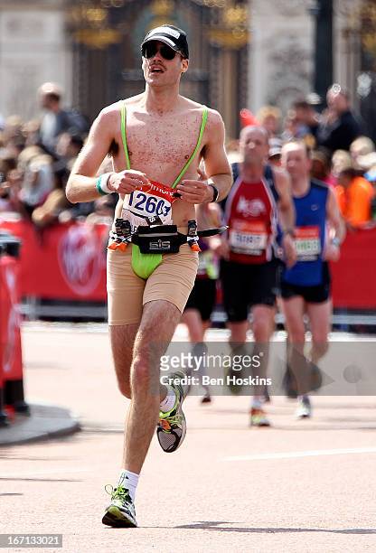 Competitor dressed in a mankini runs down the mall during the Virgin London Marathon 2013 on April 21, 2013 in London, England.