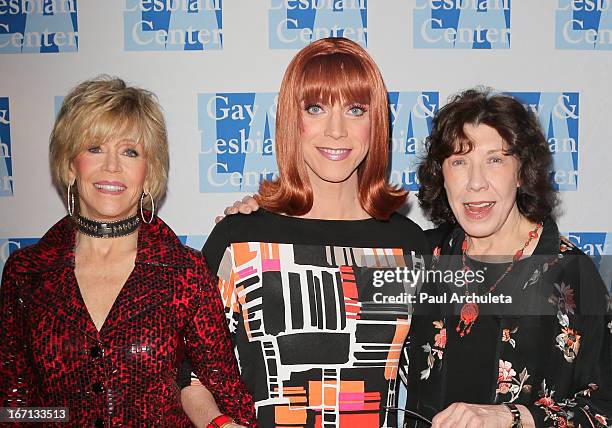 Jane Fonda, Miss Coco Peru and Lily Tomlin attend a "Conversations With Coco" at the Gay & Lesbian Center on April 20, 2013 in Los Angeles,...