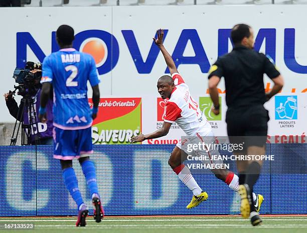 Nancy's Cameroonian forward Paul Alo'o Efoulou celebrates after scoring against Evian during the French L1 football match Nancy vs Evian on April 21,...