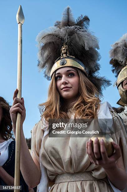 Costumed actress dressed as the Goddess Roma march in a commemorative parade during festivities marking the 2,766th anniversary of the founding of...