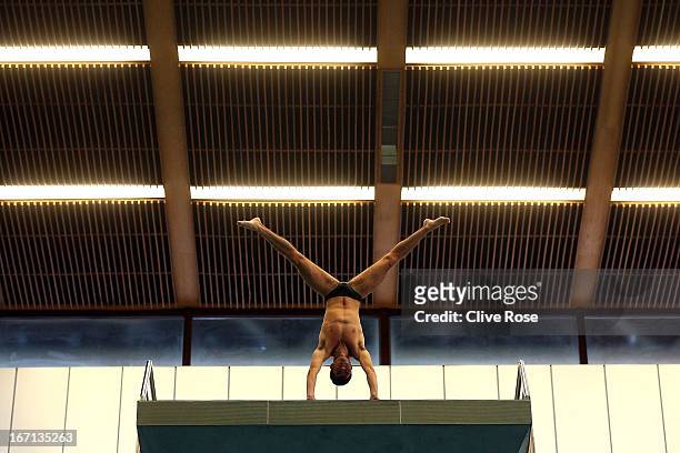 Ivan Garcia of Mexico in action during training on day three of the FINA/Midea Diving World Series 2013 at the Royal Commonwealth Pool on April 21,...