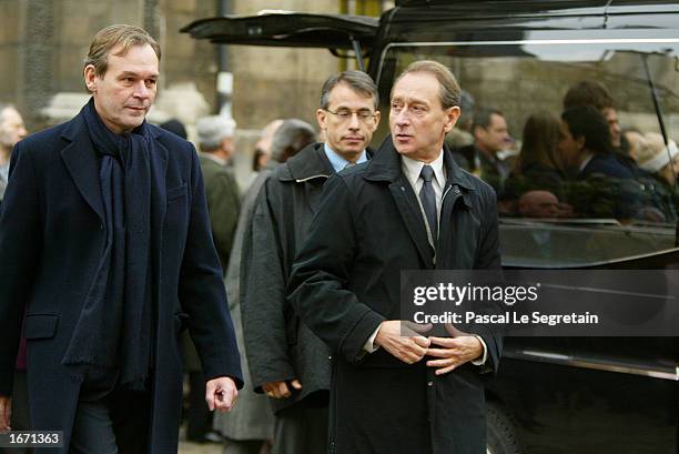 French Minister of Culture Jean-Jacques Aillagon and Socialist Mayor of Paris Bertrand Delanoe attend the funeral services for French actor Daniel...