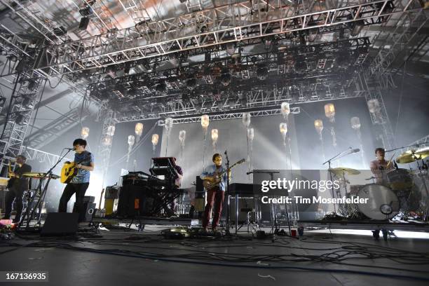 Chris Taylor, Daniel Rossen, Ed Droste, and Christopher Bear of Grizzly Bear perform as part of the 2013 Coachella Valley Music & Arts Festival at...