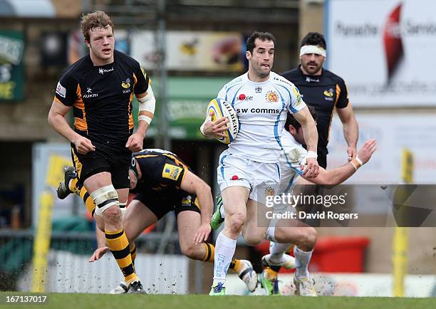 Haydn Thomas of Exeter charges upfield during the Aviva Premiership match between London Wasps and Exeter Chiefs at Adams Park on April 21, 2013 in...