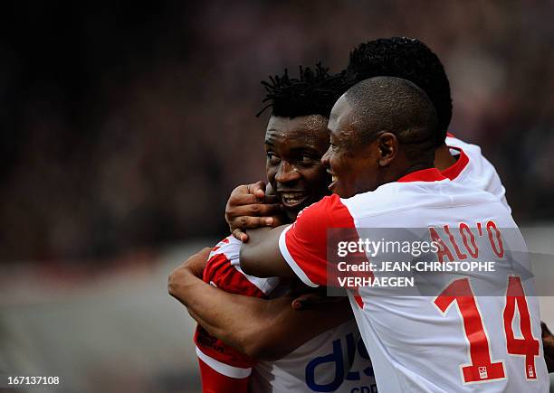 Nancy's Cameroonian forward Benjamin Moukandjo celebrates with Nancy's Cameroonian forward Paul Alo'o Efoulou during their French L1 football match...