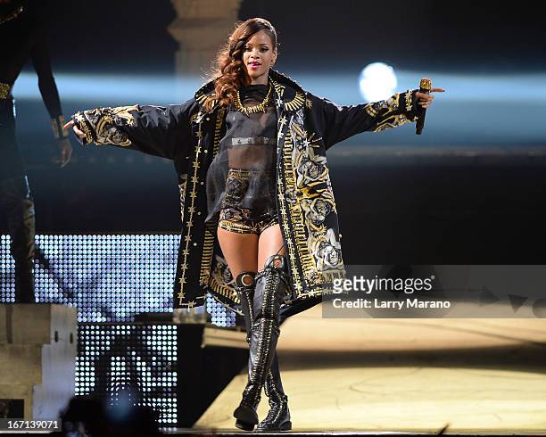 Rihanna performs at BB&T Center on April 20, 2013 in Sunrise, Florida.