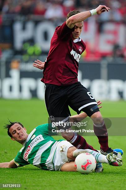 Hanno Balitsch of Nuernberg challenges Edgar Prib of Fuerth during the Bundesliga match between 1. FC Nuernberg and SpVgg Greuther Fuerth at Stadium...