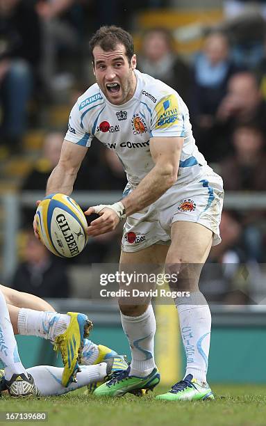 Haydn Thomas of Exeter passes the ball during the Aviva Premiership match between London Wasps and Exeter Chiefs at Adams Park on April 21, 2013 in...