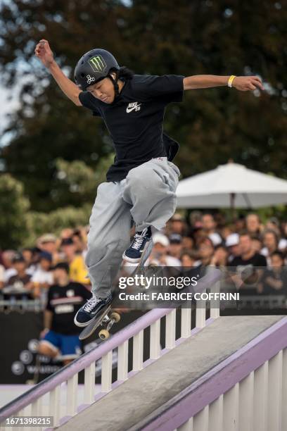 Japan's Toa Sasaki competes to win 2nd place in the men's skateboarding street final of Lausanne, during the World Skateboarding Tour in Lausanne on...