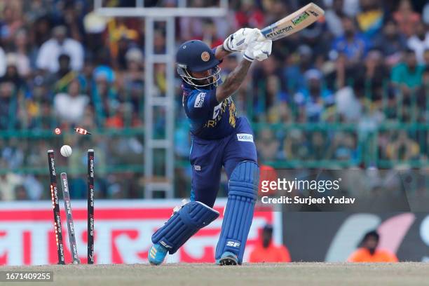 Kusal Mendis bowled by Mohammed Siraj during the Asia Cup Final match between India and Sri Lanka at R. Premadasa Stadium on September 17, 2023 in...