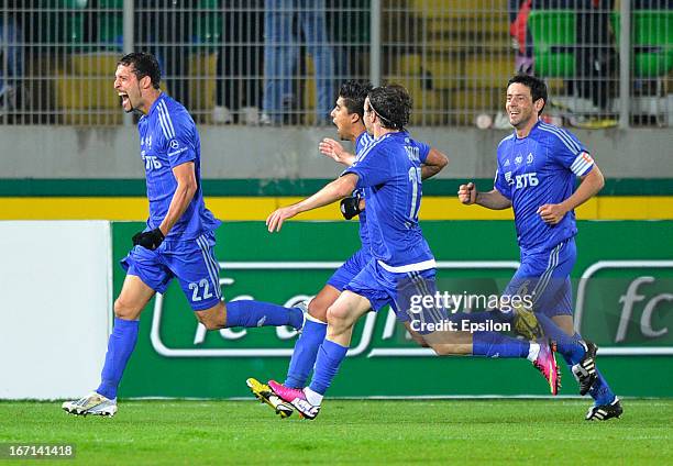 Kevin Kuranyi of FC Dynamo Moscow celebrates with team-mates after scoring after scoring their team's third goal during the Russian Premier League...