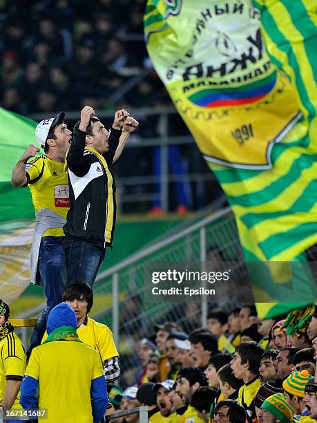 Fans of FC Anzhi Makhachkala react during the Russian Premier League match between FC Anzhi Makhachkala and FC Dynamo Moscow at the Anzhi Arena...