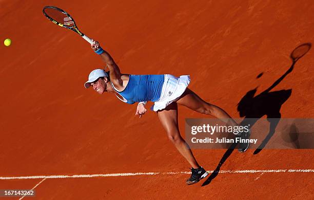 Maria Irigoyen of Argentina serves to Elena Baltacha of Great Britain during day two of the Fed Cup World Group Two Play-Offs between Argentina and...