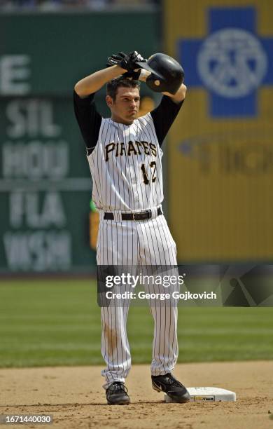 Freddy Sanchez of the Pittsburgh Pirates stands near second base after batting against the Atlanta Braves during a game at PNC Park on June 5, 2005...