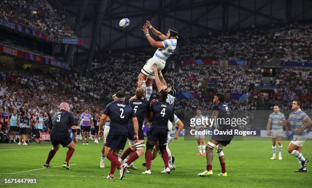 Tomas Lavanini of Argentina wins the lineout during the Rugby World Cup France 2023 Group D match between England and Argentina at Stade Velodrome on...