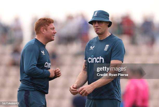 Former England Cricketer Andrew Flintoff speaks to Jonny Bairstow of England ahead of the 2nd Metro Bank One Day International match between England...