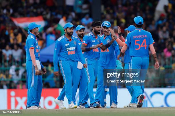 Indian Players celebrates after taking the wicket of Pramod Madushan during the Asia Cup Final match between India and Sri Lanka at R. Premadasa...