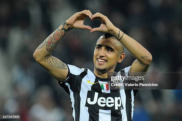 Arturo Vidal of Juventus FC celebrates victory at the end of the Serie A match Juventus FC v AC Milan at Juventus Arena on April 21, 2013 in Turin,...