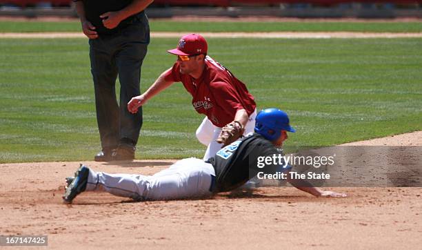 South Carolina's Joey Pankake tags out Kentucky's Zac Zellers at first base during a men's college baseball game in Columbia, South Carolina, Sunday,...