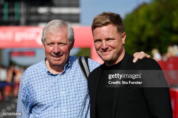 Eddie Howe, Manager of Newcastle United , and Brendan Foster, founder of the Great North Run, pose for a photo prior to the AJ Bell Great North Run...
