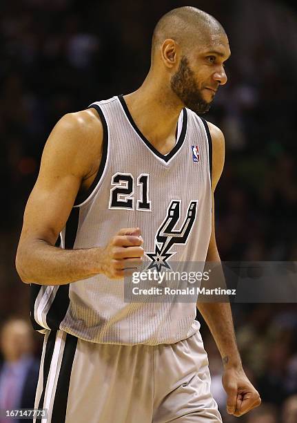 Tim Duncan of the San Antonio Spurs pumps his fist after a play against the Los Angeles Lakers during Game One of the Western Conference...