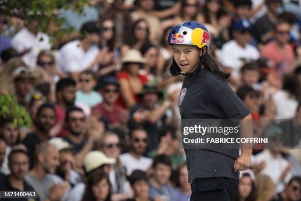 Japan's Yumeka Oda competes to win 2nd place in the women's skateboarding street final of Lausanne, during the World Skateboarding Tour in Lausanne...