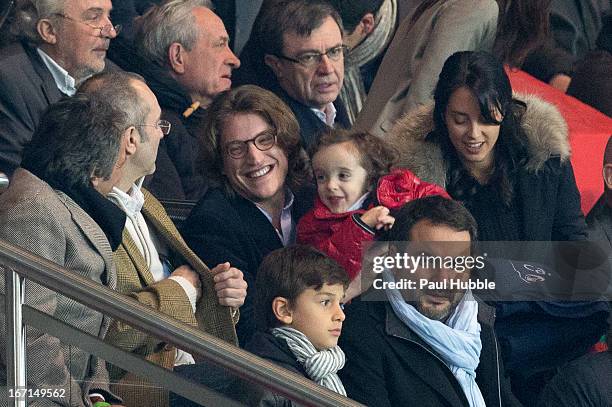 Actor Richard Anconina, Jean Sarkozy, Solal Sarkozy, Jessica Sebaoun and Bruce Toussaint are seen during the Ligue 1 match between Paris Saint...