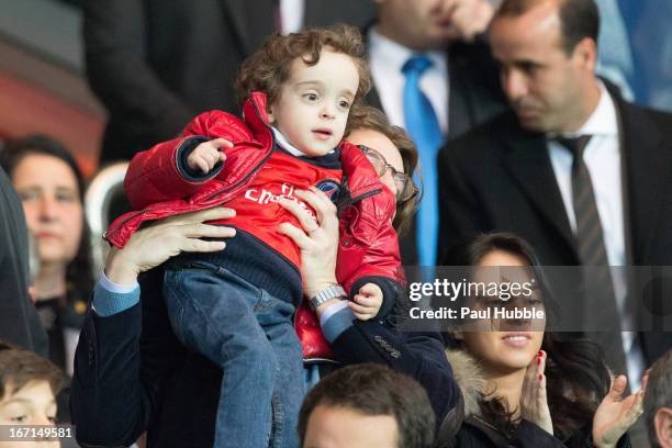 Jean Sarkozy, Solal Sarkozy and Jessica Sebaoun are seen during the Ligue 1 match between Paris Saint Germain and OGC Nice at Parc des Princes on...