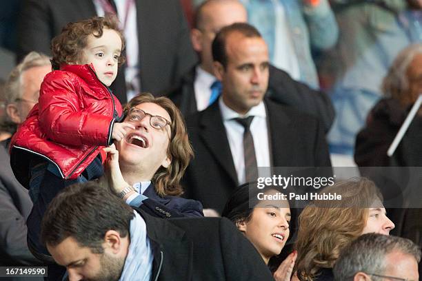 Jean Sarkozy, Solal Sarkozy, Jessica Sebaoun and Pierre Sarkozy are seen during the Ligue 1 match between Paris Saint Germain and OGC Nice at Parc...