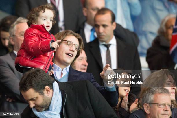 Jean Sarkozy, Solal Sarkozy, Jessica Sebaoun and Pierre Sarkozy are seen during the Ligue 1 match between Paris Saint Germain and OGC Nice at Parc...