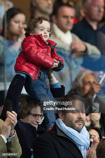 Jean Sarkozy, Solal Sarkozy and Jessica Sebaoun are seen during the Ligue 1 match between Paris Saint Germain and OGC Nice at Parc des Princes on...