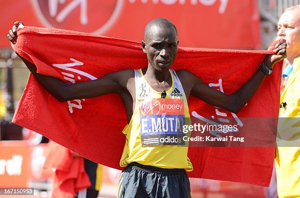 Emmanuel Mutai takes part in the Virgin London Marathon on April 21, 2013 in London, England.