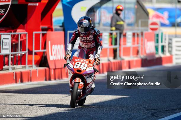 David Alonso of Colombia and GASGAS Aspar Team celebrates after winning the Grand Prix of Moto 3 ahead the MotoGP Grand Prix Of San Marino at Misano...