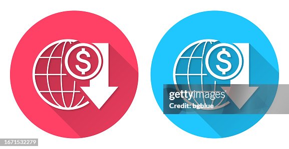 Dollar rate decrease. Round icon with long shadow on red or blue background Dollar rate decrease. Round icon with long shadow on red or blue background