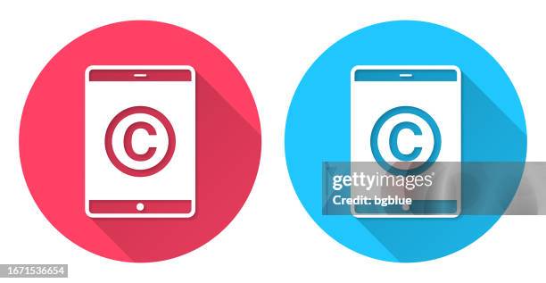 tablet pc with copyright symbol. round icon with long shadow on red or blue background - using tablet isolated stock illustrations
