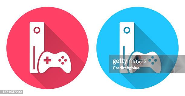 game console with gamepad. round icon with long shadow on red or blue background - big tech stock illustrations