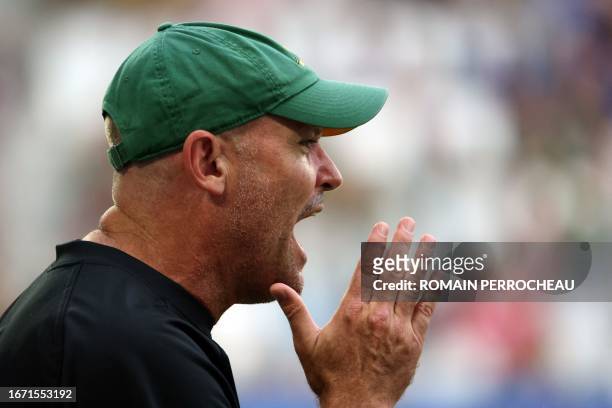 South Africa's head coach Jacques Nienaber shouts instructions to players ahead of the France 2023 Rugby World Cup Pool B match between South Africa...