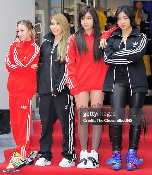 2ne1 attend the 'Adidas Flagship Store Renewal Opening' at Myungdong on April 19, 2013 in Seoul, South Korea.